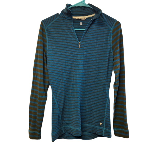 Smartwool Tops - Smartwool Womens M Striped Quarter Zip Pullover Blue Brown Merino Wool Shirt